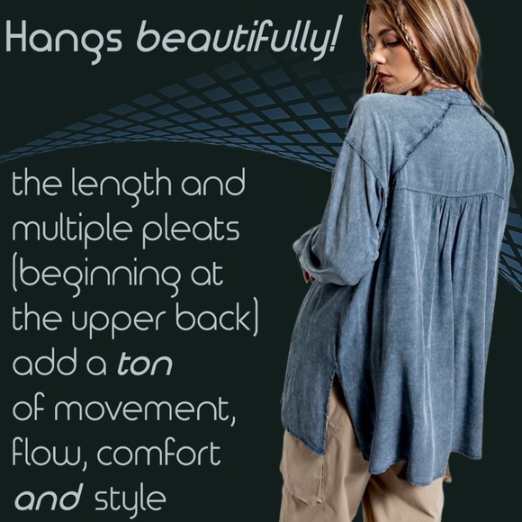 EASEL "Summer Breeze" Mineral Washed Frayed Seams Button Up Tunic Top Side Slits - Picture 7 of 15